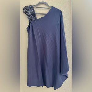 One shoulder rhinestone appliqué, bat wing dress.